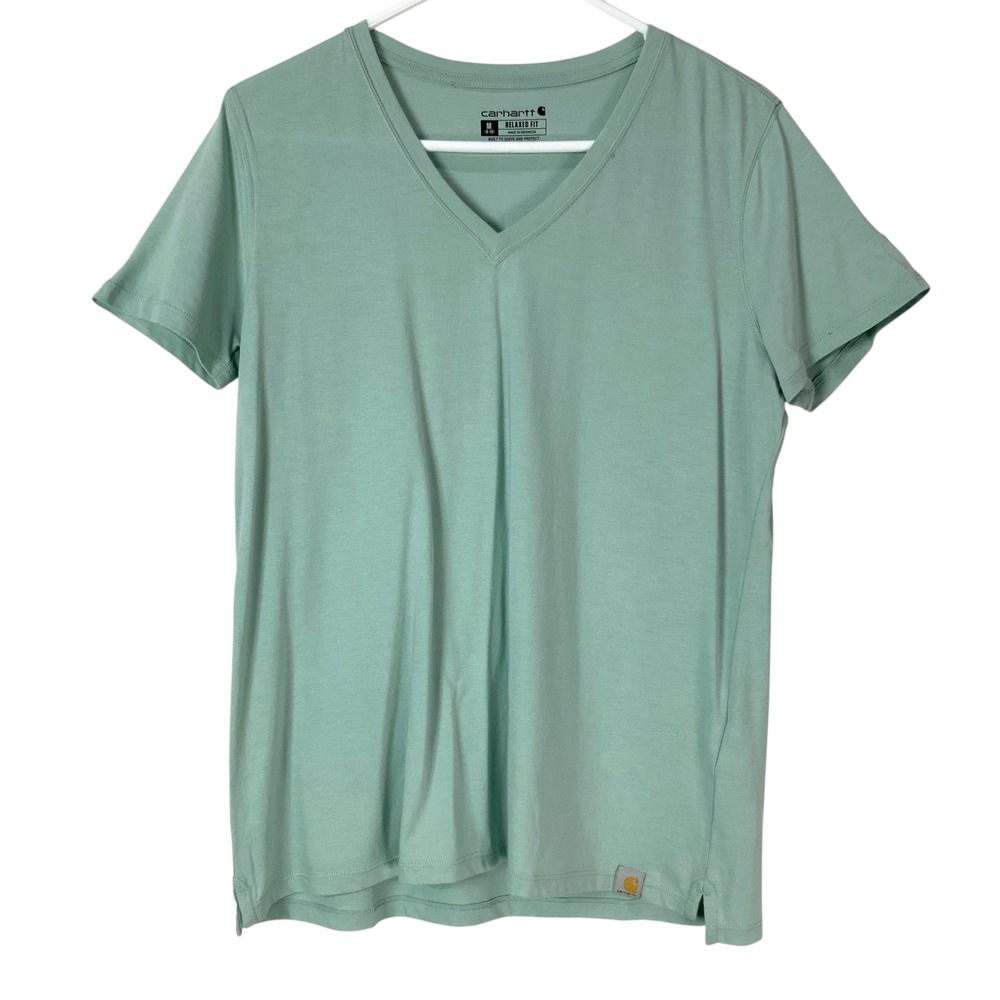 Carhartt Sage Green Relaxed Fit V-Neck T-Shirt Size M Short Sleeve Logo Patch